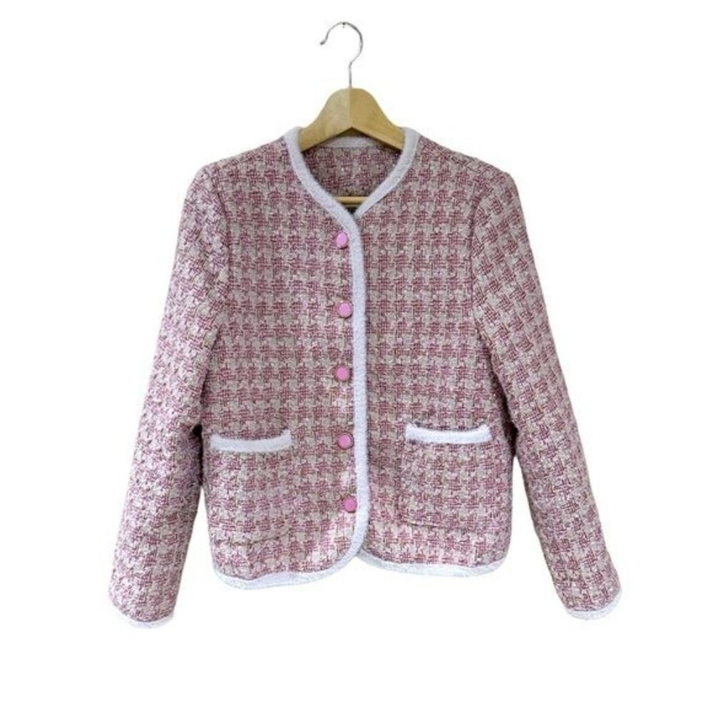 Pink Blush Tweed Button Houndstooth Plaid Blazer Jacket Coat Pockets Women’s SM